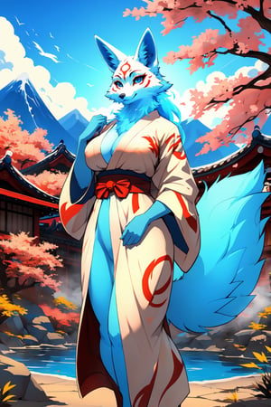 masterpiece,illustration,furry, standing, milf,furry anthro, matrue furry female, regular breasts,furry Female fox,fox ears, fox tail ,blue body, (blue fur), blue eyes, wearing a kimono, open fly, outdoors, beautiful japanese background,karyl,Marlok artstyle, beautiful girl, beautiful girl ,perfecteyes, standing, posing, upper body potrait,potrait view ,amaterasu, perfect,KitsuneOW