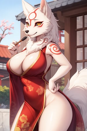 masterpiece, best quality, facial portrait of a female anthro amaterasu, detailed face, detailed eyes, cropped pupils, happy, tight slited chinese dress, tight and detailed slited chinese dress, [smile, standing, standing, looking at the viewer, outside, neighborhood in the background, coquettish expression, somewhat large thighs,posing, Winking eye,amaterasu, wolf girl,white body/furred markings/tattoo,black sclera, yellow eyes,tuft, shoulder tuft, leg tuft, ink brush tail
