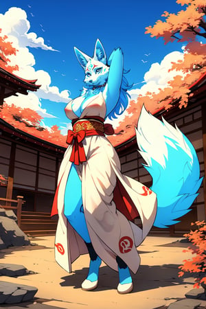 masterpiece,illustration,furry, standing, milf,furry anthro, matrue furry female, regular breasts,furry Female fox,fox ears, fox tail ,blue body, (blue fur), blue eyes, wearing a Matsuri costume, open fly, outdoors, beautiful japanese background,karyl,Marlok artstyle, beautiful girl, beautiful girl ,perfecteyes, standing, posing, hands behind head, upper body potrait,potrait view ,amaterasu, perfect,KitsuneOW