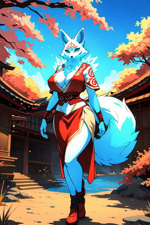 masterpiece,illustration,furry, standing, milf,furry anthro, matrue furry female, regular breasts,furry Female fox,fox ears, fox tail ,blue body, (blue fur), blue eyes, wearing outfit, open fly, outdoors, beautiful japanese background,karyl,Marlok artstyle, beautiful girl, beautiful girl ,perfecteyes, standing, posing, upper body potrait,amaterasu, perfect,KitsuneOW