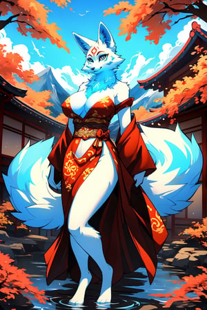 masterpiece,illustration,furry, standing, milf,furry anthro, matrue furry female, regular breasts,furry Female fox,fox ears, fox tail ,blue body, (blue fur), blue eyes, wearing a chinese slited dress, open fly, outdoors, beautiful japanese background,karyl,Marlok artstyle, beautiful girl, beautiful girl ,perfecteyes, standing, posing, upper body potrait,potrait view ,amaterasu, perfect,KitsuneOW