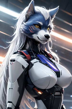 RAW photo, Best picture quality, high resolution, HDR, highres, (absurdres:1.2), realistic, sharp focus, realistic image of elegant furry anthro woman, beauty, supermodel, pure white hair with green, red eyes, wearing high-tech cyberpunk style blue mecha suit, radiant Glow, sparkling suit, mecha, perfectly customized high-tech suit, ice theme, custom design, 1 girl,furry, anthro, wolf,dark grey fur, white fur, body fur, wolf face, wolf girl, furry wolf, swordup, looking at viewer, robot,  lens flare, (vibrant color:1.2),1girl, hourglass body shape,fnafroxanne