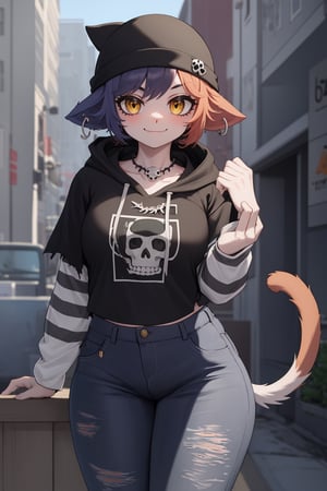 masterpiece, best quality, facial portrait of a female anthro meow skull, detailed face, detailed eyes,  cropped pupils, happy, detailed , [smile, [spiked necklace], standing, standing, looking at the viewer, outside, neighborhood in the background, coquettish expression, somewhat large thighs,posing, Winking eye,beanie,amber/yellow eyes,black eyeshadow,cat ears,fish hook piercing,black hoodie,striped sleeves,necklace,bandolier,black jeans, torn jeans,wallet chain,cat tail,meowskulls