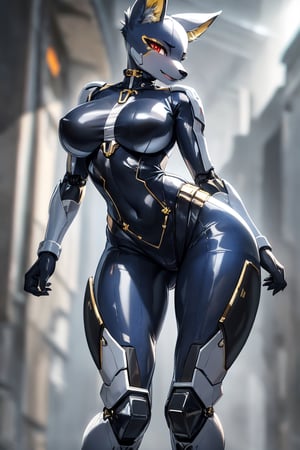 RAW photo, Best picture quality, high resolution, HDR, highres, (absurdres:1.2), realistic, sharp focus, realistic image of elegant furry anthro woman, beauty, supermodel, pure white hair, red eyes, wearing high-tech cyberpunk style blue mecha suit, radiant Glow, sparkling suit, mecha, perfectly customized high-tech suit, ice theme, custom design, 1 girl,furry, anthro, anubis , body fur, ,dark body fur, furry, swordup, looking at viewer, robot,  lens flare, (vibrant color:1.2),1girl, hourglass body shiape,anubis