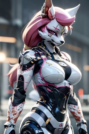 RAW photo, Best picture quality, high resolution, HDR, highres, (absurdres:1.2), realistic, sharp focus, realistic image of elegant furry anthro woman, beauty, supermodel, pink hair, bright pink eyes, wearing high-tech cyberpunk style blue mecha suit, radiant Glow, sparkling suit, mecha, perfectly customized high-tech suit, ice theme, custom design, 1 girl,furry, anthro, fox,white fur, body fur, fox face, fox girl, furry fox, swordup, looking at viewer, robot, lens flare, (vibrant color:1.2),1girl, hourglass body shape,kimiko