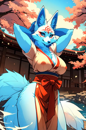 masterpiece,illustration,furry, standing, milf,furry anthro, matrue furry female, regular breasts,furry Female fox,fox ears, fox tail ,blue body, (blue fur), blue eyes, wearing a Matsuri costume, open fly, outdoors, beautiful japanese background,karyl,Marlok artstyle, beautiful girl, beautiful girl ,perfecteyes, standing, posing, hands behind head, upper body potrait,potrait view ,amaterasu, perfect,KitsuneOW