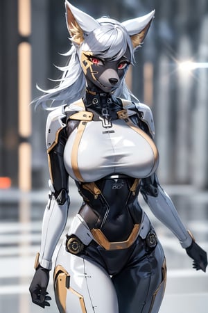 RAW photo, Best picture quality, high resolution, HDR, highres, (absurdres:1.2), realistic, sharp focus, realistic image of elegant furry anthro woman, beauty, supermodel, pure white hair, red eyes, wearing high-tech cyberpunk style blue mecha suit, radiant Glow, sparkling suit, mecha, perfectly customized high-tech suit, ice theme, custom design, 1 girl,furry, anthro, anubis , body fur, ,dark body fur, furry, swordup, looking at viewer, robot,  lens flare, (vibrant color:1.2),1girl, hourglass body shiape,anubis,ankh