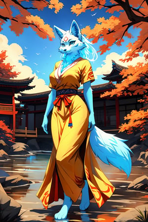 masterpiece,illustration,furry, standing, milf,furry anthro, matrue furry female, regular breasts,furry Female fox,fox ears, fox tail ,blue body, (blue fur), blue eyes, wearing a chinese slited dress, open fly, outdoors, beautiful japanese background,karyl,Marlok artstyle, beautiful girl, beautiful girl ,perfecteyes, standing, posing, upper body potrait,amaterasu, perfect,KitsuneOW