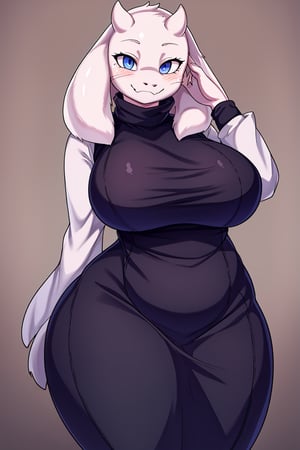 masterpiece, best quality, facial portrait of a female anthro toriel, detailed face, detailed eyes, cropped pupils, happy, tight turtleneck dress, tight and detailed black slited turtleneck dress, [smile, standing, standing, looking at the viewer, outside, neighborhood in the background, coquettish expression, somewhat large thighs,posing, Winking eye,toriel
