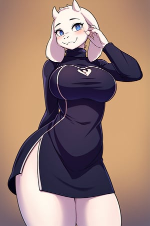 masterpiece, best quality, facial portrait of a female anthro toriel, detailed face, detailed eyes, cropped pupils, happy, tight turtleneck dress, tight and detailed black slited turtleneck dress, [smile, standing, standing, looking at the viewer, outside, neighborhood in the background, coquettish expression, somewhat large thighs,posing, Winking eye,toriel