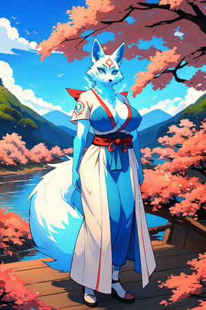 masterpiece,illustration,furry, standing, milf,furry anthro, matrue furry female, regular breasts,furry Female fox,fox ears, fox tail ,blue body, (blue fur), blue eyes, wearing outfit, open fly, outdoors, beautiful japanese background,karyl,Marlok artstyle, beautiful girl, beautiful girl ,perfecteyes, standing, posing, upper body potrait,amaterasu, perfect,KitsuneOW