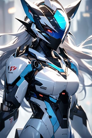 RAW photo, Best picture quality, high resolution, HDR, highres, (absurdres:1.2), realistic, sharp focus, realistic image of elegant furry anthro woman, beauty, supermodel, pure white hair with green, red eyes, wearing high-tech cyberpunk style blue mecha suit, radiant Glow, sparkling suit, mecha, perfectly customized high-tech suit, ice theme, custom design, 1 girl,furry, anthro, wolf,dark grey fur, white fur, body fur, wolf face, wolf girl, furry wolf, swordup, looking at viewer, robot,  lens flare, (vibrant color:1.2),1girl, hourglass body shape,FurryCore