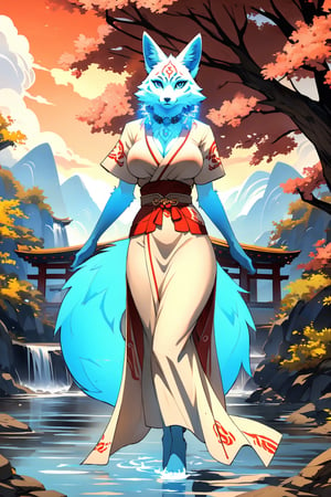 masterpiece,illustration,furry, standing, milf,furry anthro, matrue furry female, regular breasts,furry Female fox,fox ears, fox tail ,blue body, (blue fur), blue eyes, wearing a chinese slited dress, open fly, outdoors, beautiful japanese background,karyl,Marlok artstyle, beautiful girl, beautiful girl ,perfecteyes, standing, posing, upper body potrait,potrait view ,amaterasu, perfect,KitsuneOW