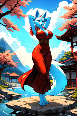 masterpiece,illustration,furry, standing, milf,furry anthro, matrue furry female, regular breasts,furry Female fox,fox ears, fox tail ,blue body, (blue fur), blue eyes, wearing a chinese slited dress, open fly, outdoors, beautiful japanese background,karyl,Marlok artstyle, beautiful girl, beautiful girl ,perfecteyes, standing, posing, hands behind head, upper body potrait,potrait view ,amaterasu, perfect,KitsuneOW