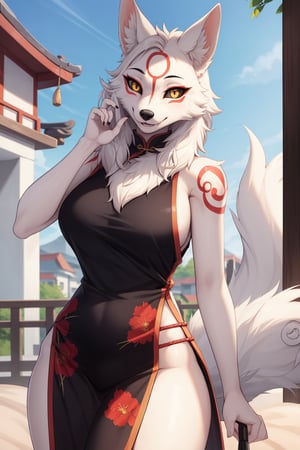 masterpiece, best quality, facial portrait of a female anthro amaterasu, detailed face, detailed eyes, cropped pupils, happy, tight slited chinese dress, tight and detailed slited chinese dress, [smile, standing, standing, looking at the viewer, outside, neighborhood in the background, coquettish expression, somewhat large thighs,posing, Winking eye,amaterasu, wolf girl,white body/furred markings/tattoo,black sclera, yellow eyes,tuft, shoulder tuft, leg tuft, ink brush tail