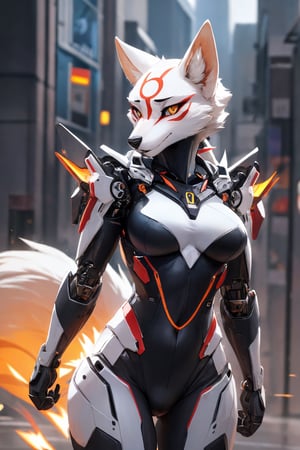 RAW photo, Best picture quality, high resolution, HDR, highres, (absurdres:1.2), realistic, sharp focus, realistic image of elegant furry anthro woman, beauty, supermodel, wearing high-tech cyberpunk style mecha suit with gold trims, radiant Glow, sparkling suit, mecha, perfectly customized high-tech suit, ice theme, custom design, 1 girl,furry, anthro, fox, fur, body fur, fox face, fox girl, furry fox, swordup, looking at viewer, robot,  lens flare, (vibrant color:1.2),1girl, hourglass body shape,amaterasu