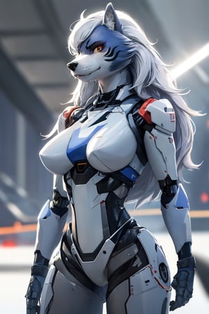 RAW photo, Best picture quality, high resolution, HDR, highres, (absurdres:1.2), realistic, sharp focus, realistic image of elegant furry anthro woman, beauty, supermodel, pure white hair with green, red eyes, wearing high-tech cyberpunk style blue mecha suit, radiant Glow, sparkling suit, mecha, perfectly customized high-tech suit, ice theme, custom design, 1 girl,furry, anthro, wolf,dark grey fur, white fur, body fur, wolf face, wolf girl, furry wolf, swordup, looking at viewer, robot,  lens flare, (vibrant color:1.2),1girl, hourglass body shape,fnafroxanne