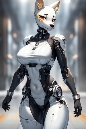 RAW photo, Best picture quality, high resolution, HDR, highres, (absurdres:1.2), realistic, sharp focus, realistic image of elegant furry anthro woman, beauty, supermodel, pure white hair, red eyes, wearing high-tech cyberpunk style blue mecha suit, radiant Glow, sparkling suit, mecha, perfectly customized high-tech suit, ice theme, custom design, 1 girl,furry, anthro, anubis , body fur, ,dark body fur, furry, swordup, looking at viewer, robot,  lens flare, (vibrant color:1.2),1girl, hourglass body shiape,anubis,ankh