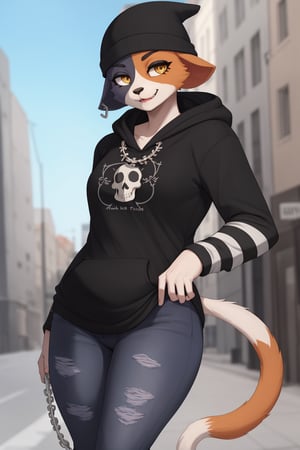 masterpiece, best quality, facial portrait of a female anthro meow skull, detailed face, detailed eyes,  cropped pupils, happy, detailed , [smile, [spiked necklace], standing, standing, looking at the viewer, outside, neighborhood in the background, coquettish expression, somewhat large thighs,posing, Winking eye,beanie,amber/yellow eyes,black eyeshadow,cat ears,fish hook piercing,black hoodie,striped sleeves,necklace,bandolier,black jeans, torn jeans,wallet chain,cat tail,meowskulls