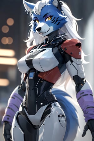 RAW photo, Best picture quality, high resolution, HDR, highres, (absurdres:1.2), realistic, sharp focus, realistic image of elegant furry anthro woman, beauty, supermodel, pure white hair with green, red eyes, wearing high-tech cyberpunk style blue mecha suit, radiant Glow, sparkling suit, mecha, perfectly customized high-tech suit, ice theme, custom design, 1 girl,furry, anthro, wolf,dark grey fur, white fur, body fur, wolf face, wolf girl, furry wolf, swordup, looking at viewer, robot,  lens flare, (vibrant color:1.2),1girl, hourglass body shape,fnafroxanne