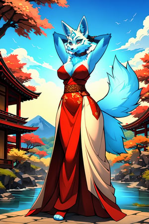 masterpiece,illustration,furry, standing, milf,furry anthro, matrue furry female, regular breasts,furry Female fox,fox ears, fox tail ,blue body, (blue fur), blue eyes, wearing a chinese slited dress, open fly, outdoors, beautiful japanese background,karyl,Marlok artstyle, beautiful girl, beautiful girl ,perfecteyes, standing, posing, hands behind head, upper body potrait,potrait view ,amaterasu, perfect,KitsuneOW