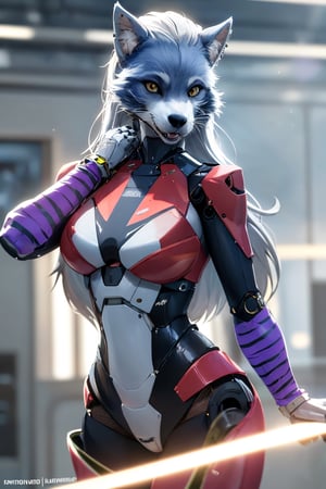 RAW photo, Best picture quality, high resolution, HDR, highres, (absurdres:1.2), realistic, sharp focus, realistic image of elegant furry anthro woman, beauty, supermodel, pure white hair with green, red eyes, wearing high-tech cyberpunk style blue mecha suit, radiant Glow, sparkling suit, mecha, perfectly customized high-tech suit, ice theme, custom design, 1 girl,furry, anthro, wolf,dark grey fur, white fur, body fur, wolf face, wolf girl, furry wolf, swordup, looking at viewer, robot,  lens flare, (vibrant color:1.2),1girl, hourglass body shape,fnafroxanne
