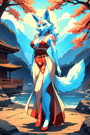 masterpiece,illustration,furry, standing, milf,furry anthro, matrue furry female, regular breasts,furry Female fox,fox ears, fox tail ,blue body, (blue fur), blue eyes, wearing a chinese slited dress, open fly, outdoors, beautiful japanese background,karyl,Marlok artstyle, beautiful girl, beautiful girl ,perfecteyes, standing, posing, upper body potrait,amaterasu, perfect,KitsuneOW