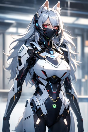 RAW photo, Best picture quality, high resolution, HDR, highres, (absurdres:1.2), realistic, sharp focus, realistic image of elegant furry anthro woman, beauty, supermodel, pure white hair with green, red eyes, wearing high-tech cyberpunk style blue mecha suit, radiant Glow, sparkling suit, mecha, perfectly customized high-tech suit, ice theme, custom design, 1 girl,furry, anthro, wolf,dark grey fur, white fur, body fur, wolf face, wolf girl, furry wolf, swordup, looking at viewer, robot,  lens flare, (vibrant color:1.2),1girl, hourglass body shape,FurryCore