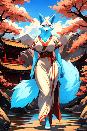 masterpiece,illustration,furry, standing, milf,furry anthro, matrue furry female, regular breasts,furry Female fox,fox ears, fox tail ,blue body, (blue fur), blue eyes, wearing a chinese slited dress, open fly, outdoors, beautiful japanese background,karyl,Marlok artstyle, beautiful girl, beautiful girl ,perfecteyes, standing, posing, upper body potrait,potrait view ,amaterasu, perfect,KitsuneOW