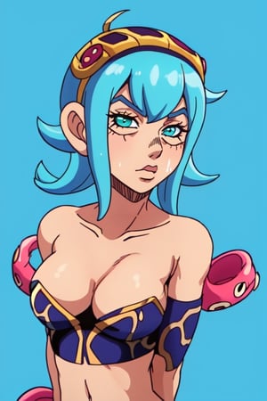 1girl, gears, blank background, vibrant colors, head and shoulders portrait, ((pirate)), part squid, hot, milf, ((((tentacle_hair)))), ((cyan_skin))