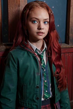 1girl, (girl:1.3), 8 years old, child, (long red hair:1.2) , (Blue eyes:1.2), solo focus, portrait, simple background in stable, standing, (slytherin), hogbrezwer, jacket, skirt, masterpiece, best quality, extremely detailed, highly detailed face, beautiful detailed eyes