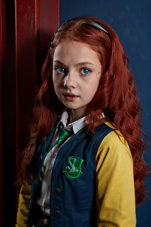 1girl, (girl:1.3), 8 years old, child, (long red hair:1.2) , (Blue eyes:1.2), solo focus, portrait, simple background, standing, (slytherin), hogbrezwer, jacket, skirt, masterpiece, best quality, extremely detailed, highly detailed face, beautiful detailed eyes