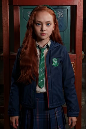 1girl, (girl:1.3), 8 years old, child, (long red hair:1.2) , (Blue eyes:1.2), solo focus, portrait, simple background in stable, standing, (slytherin), hogbrezwer, jacket, skirt, masterpiece, best quality, extremely detailed, highly detailed face, beautiful detailed eyes