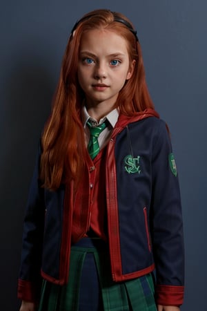 1girl, (girl:1.3), 8 years old, child, (long red hair:1.2) , (Blue eyes:1.2), solo focus, portrait, simple background, standing, (slytherin), hogbrezwer, jacket, skirt, masterpiece, best quality, extremely detailed, highly detailed face, beautiful detailed eyes