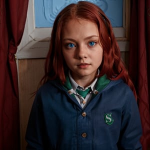 1girl, (girl:1.3), 8 years old, child, (long red hair:1.2) , (Blue eyes:1.2), solo focus, portrait, simple background in stable, standing, (slytherin), hogbrezwer, jacket, skirt, masterpiece, best quality, extremely detailed, highly detailed face, beautiful detailed eyes