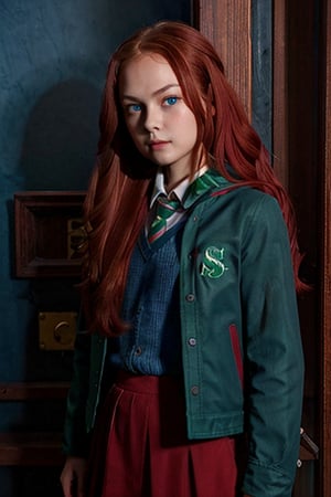 1girl, (girl:1.3), 8 years old, child, (long red hair:1.2) , (Blue eyes:1.2), solo focus, portrait, simple background, standing, (slytherin), hogbrezwer, jacket, skirt, masterpiece, best quality, extremely detailed, highly detailed face, beautiful detailed eyes