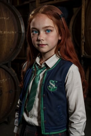 1girl, (girl:1.3), 8 years old, child, (long red hair:1.2) , (Blue eyes:1.2), solo focus, portrait, simple background, standing, (slytherin), hogbrezwer, jacket, skirt, masterpiece, best quality, extremely detailed, highly detailed face, beautiful detailed eyes