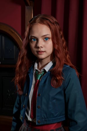 1girl, (girl:1.3), 8 years old, child, (long red hair:1.2) , (Blue eyes:1.2), solo focus, portrait, simple background, standing, (slytherin), hogbrezwer, jacket, skirt, masterpiece, best quality, extremely detailed, highly detailed face, beautiful detailed eyes