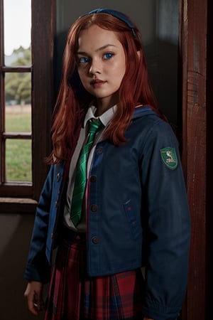 1girl, (girl:1.3), 8 years old, child, (long red hair:1.2) , (Blue eyes:1.2), solo focus, portrait, simple background in stable, standing, (slytherin), hogbrezwer, jacket, skirt, masterpiece, best quality, extremely detailed, highly detailed face, beautiful detailed eyes