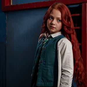 1girl, (girl:1.3), 8 years old, child, (long red hair:1.2) , (Blue eyes:1.2), solo focus, portrait, simple background in stable, standing, (slytherin), hogbrezwer, jacket, skirt, masterpiece, best quality, extremely detailed, highly detailed face, beautiful detailed eyes