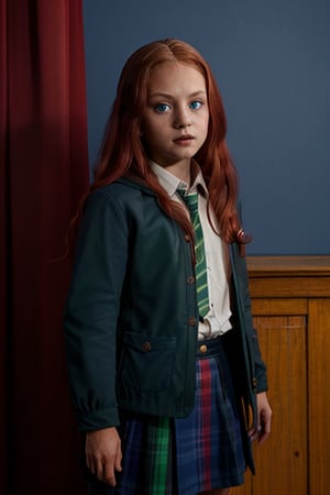 1girl, (girl:1.3), 8 years old, child, (long red hair:1.2) , (Blue eyes:1.2), solo focus, portrait, simple background, standing, (slytherin), hogbrezwer, jacket, skirt, masterpiece, best quality, extremely detailed, highly detailed face, beautiful detailed eyes