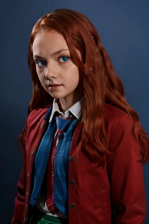 1girl, (girl:1.3), 8 years old, child, (long red hair:1.2) , (Blue eyes:1.2), solo focus, portrait, simple background, standing, (slytherin), hogbrezwer, jacket, skirt, masterpiece, best quality, extremely detailed, highly detailed face, beautiful detailed eyes