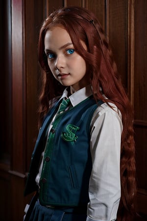 1girl, (girl:1.3), 8 years old, child, (long red hair:1.2) , (Blue eyes:1.2), solo focus, portrait, simple background, standing, (slytherin), hogbrezwer, jacket, skirt, masterpiece, best quality, extremely detailed, highly detailed face, beautiful detailed eyes