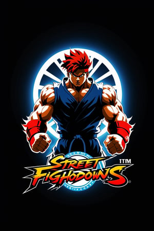  Design a simple yet dynamic logo featuring the outline of a fighting arena as the background shape. Incorporate the text "Showdowns Circuit Series" in a bold and clear font at the forefront. In the background, include the shadowed silhouette of akuma iconic pose from Street Fighter, capturing the essence of intense combat. Ensure that the overall design reflects the excitement and energy of competitive gaming tournaments while highlighting the specific influence of Street Fighter's iconic character.