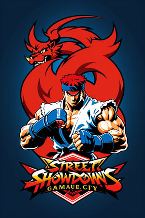  Design a simple yet dynamic logo featuring the outline of a fighting arena as the background shape. Incorporate the text "Guayaquil City Showdowns" in a bold and clear font at the forefront. In the background, include the shadowed silhouette of Akuma's iconic pose from Street Fighter, capturing the essence of intense combat. Ensure that the overall design reflects the excitement and energy of competitive gaming tournaments while highlighting the specific influence of Street Fighter's iconic character.
