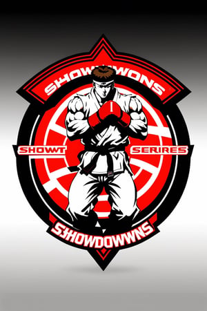  Design a simple yet dynamic logo featuring the outline of a fighting arena as the background shape. Incorporate the text "Showdowns Circuit Series" in a bold and clear font at the forefront. In the background, include the shadowed silhouette of ryu iconic pose from Street Fighter, capturing the essence of intense combat. Ensure that the overall design reflects the excitement and energy of competitive gaming tournaments while highlighting the specific influence of Street Fighter's iconic character.