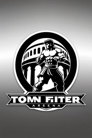 Create a logo with a minimalist black and white outline of a Roman colosseum. Inside, incorporate a small silhouette of a Street Fighter fighter standing atop the letters "TFC ARENA." Utilize clean lines to convey the essence of fighting game tournaments, capturing the intensity and spirit of competition.