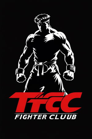 Design a logo featuring the simple black silhouette of a Street Fighter fighter standing atop the letters "TFC" for The Fight Club. The fighter should be facing a Roman Colosseum, symbolizing the battleground. Keep the design in high quality with clean lines, capturing the essence of fighting game tournaments.
