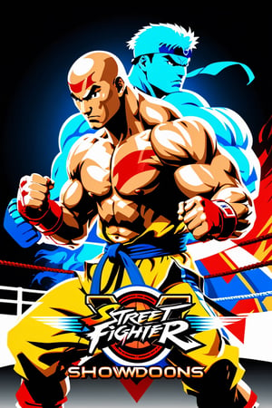  Design a simple yet dynamic logo featuring the outline of a fighting arena as the background shape. Incorporate the text "Showdowns Circuit Series" in a bold and clear font at the forefront. In the background, include the shadowed silhouette of sagat iconic pose from Street Fighter, capturing the essence of intense combat. Ensure that the overall design reflects the excitement and energy of competitive gaming tournaments while highlighting the specific influence of Street Fighter's iconic character.