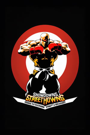  Design a simple yet dynamic logo featuring the outline of a fighting arena as the background shape. Incorporate the text "Showdowns Circuit Series" in a bold and clear font at the forefront. In the background, include the shadowed silhouette of sagat iconic pose from Street Fighter, capturing the essence of intense combat. Ensure that the overall design reflects the excitement and energy of competitive gaming tournaments while highlighting the specific influence of Street Fighter's iconic character.
